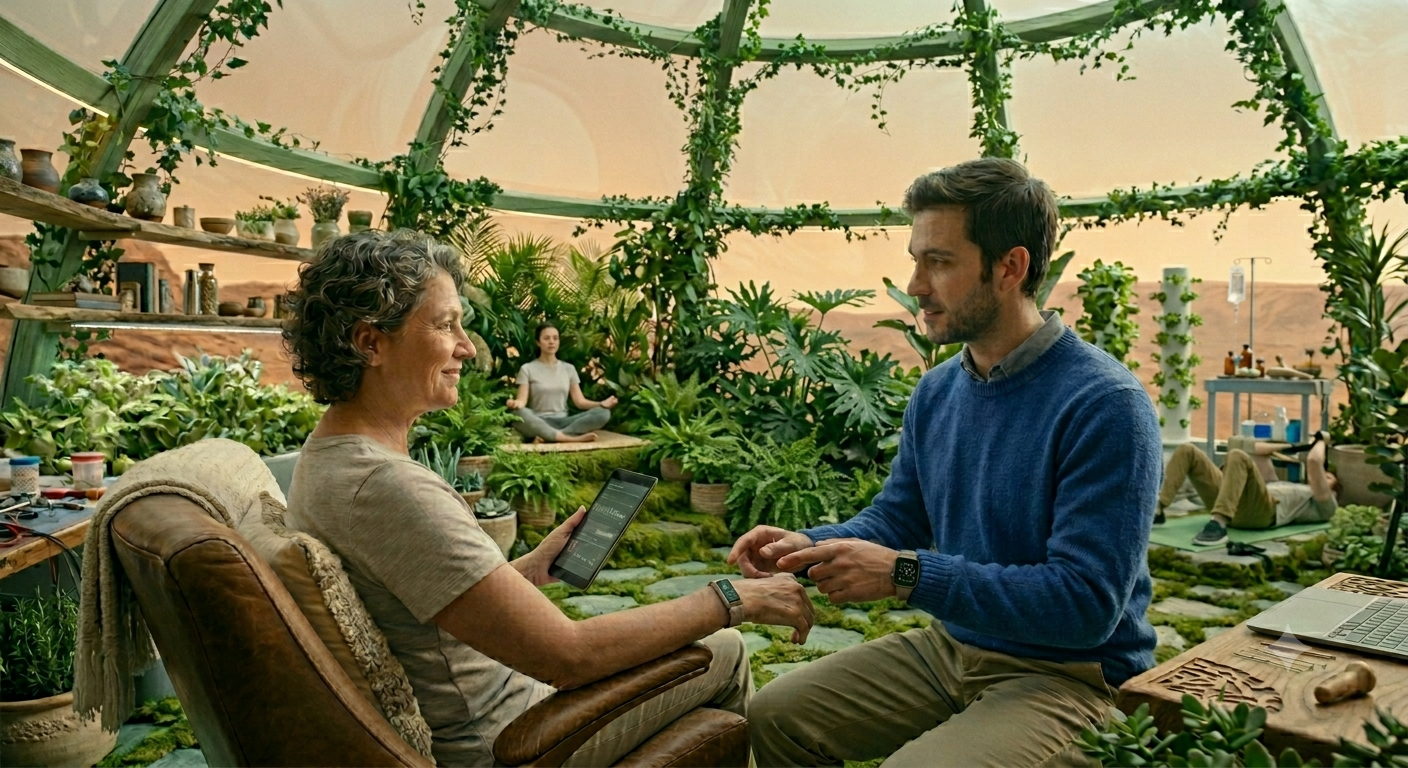 Two people sitting in a greenhouse with plants and a tablet.